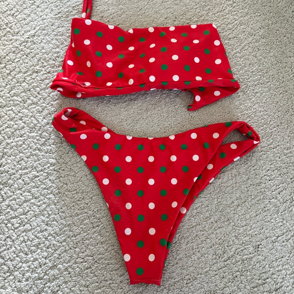Red Polka Dot Bikini Set Adjustable Straps Removable Pads 2 Piece Swimwear